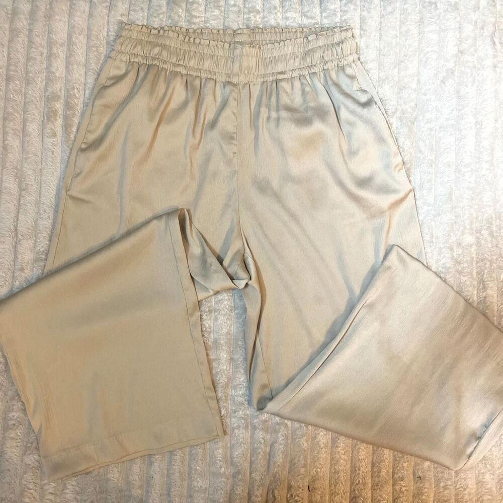 Joie Champagne Satin Wide Leg Pants Women's Medium Smocked Elastic Waist Soft